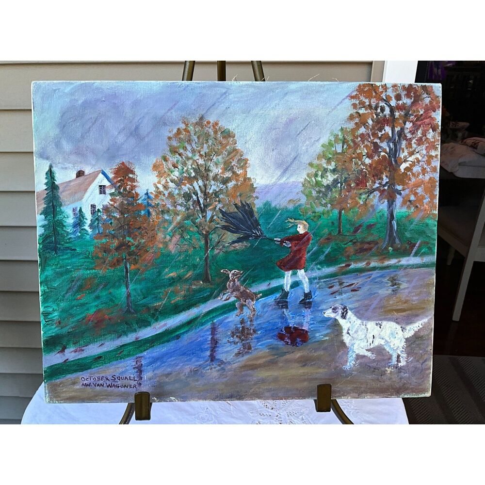 Original Folk Art Painting October Squall A W Van Wagoner Autumn Landscape Dogs